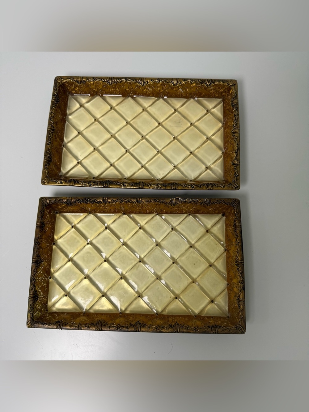 Vintage Gold Quilted Lattice Cosmetic Vanity Trays Set of 2 Hollywood Regency